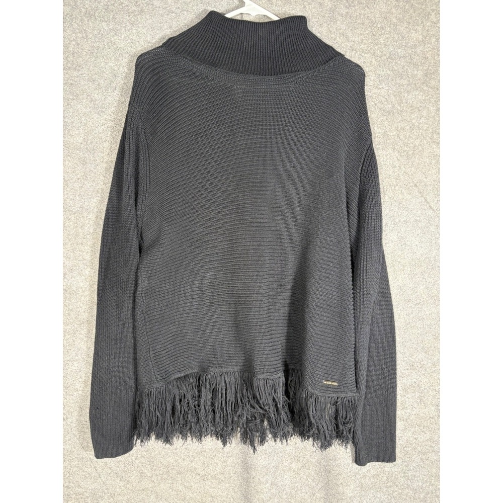 Michael Kors Womens Black Ribbed Mock Neck Fringe Hem Sweater XL Cotton Blend